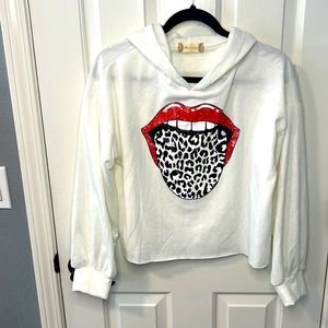 Altar’d State white long sleeve pullover kiss/tongue fun t-shirt w/ hood Size M